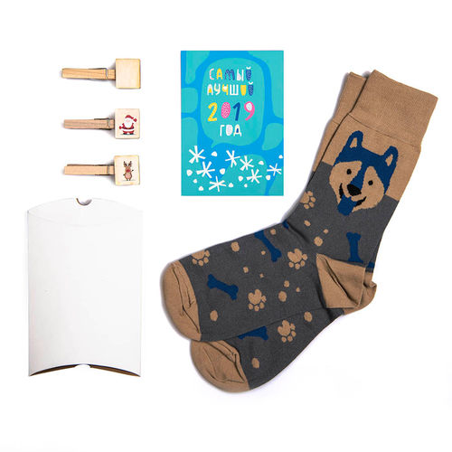 Подарочный набор Хаски, упаковка, прищепка с шильдом, календарь 2019, носки тематические