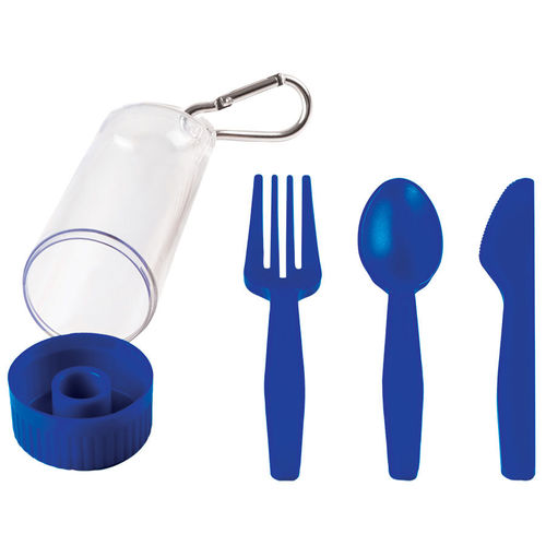 Набор Pocket:ложка,вилка,нож в футляре с карабином, синий, 4,2х15см,пластик