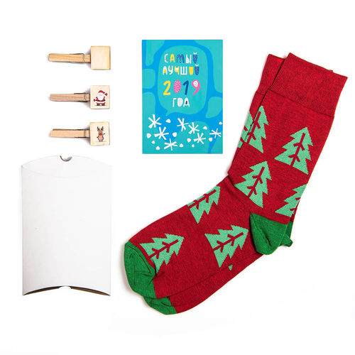 Подарочный набор  Елки, упаковка, прищепка с шильдом, календарь 2019, носки тематические